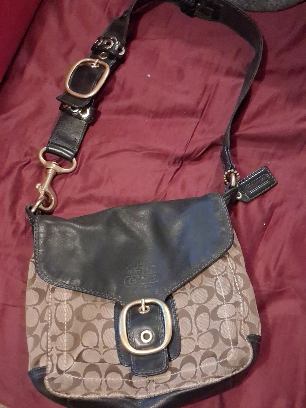 Coach Tan Signature Canvas Crossbody with Dark Brown Leather Trim